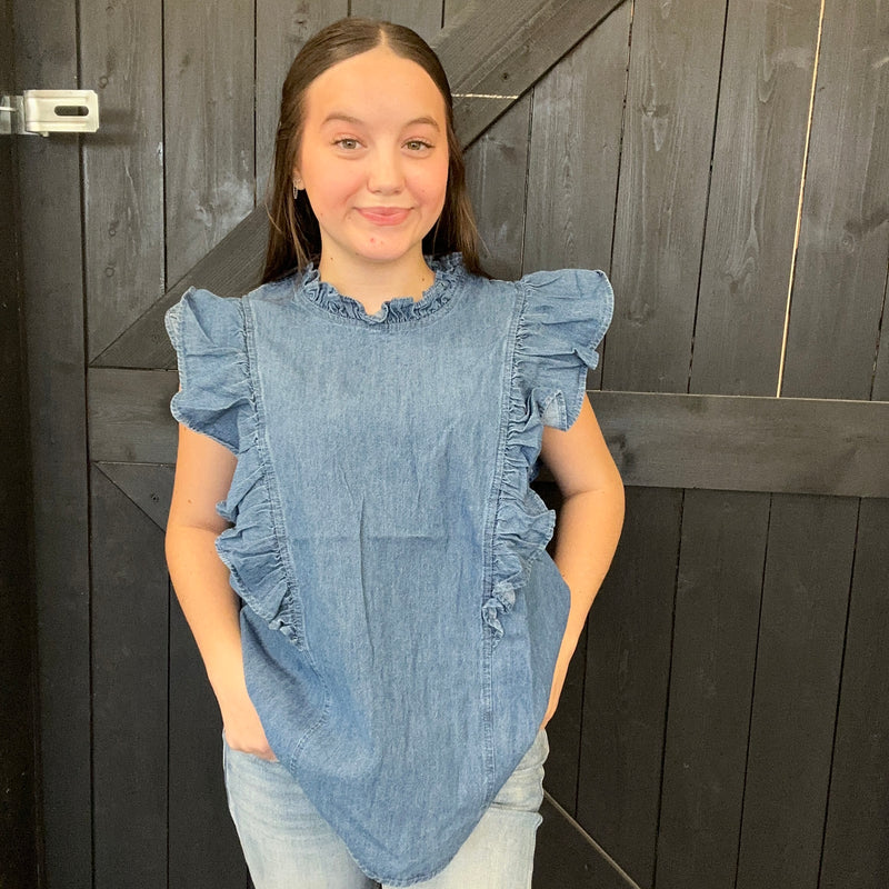 Mock Ruffle Trim Denim Cap Sleeve Top