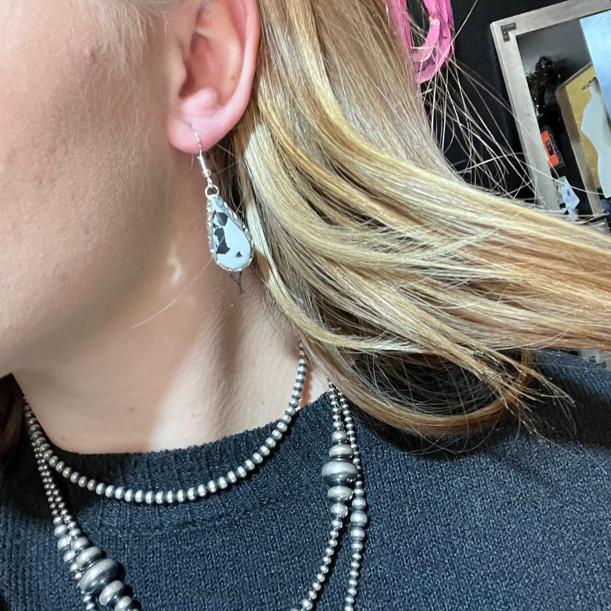 White Buffalo w/ Silver Detail French Hook Sterling Silver Earring