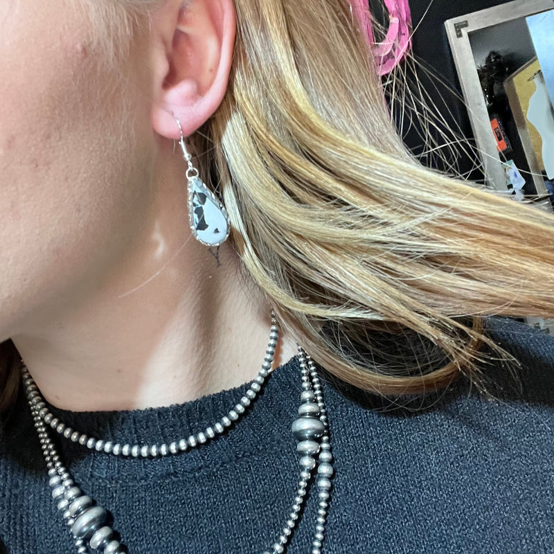 White Buffalo w/ Silver Detail French Hook Sterling Silver Earring