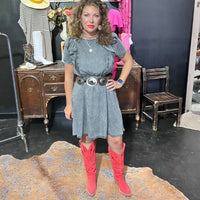 Black Acid Wash Short Ruffle Sleeve Denim Dress / Large
