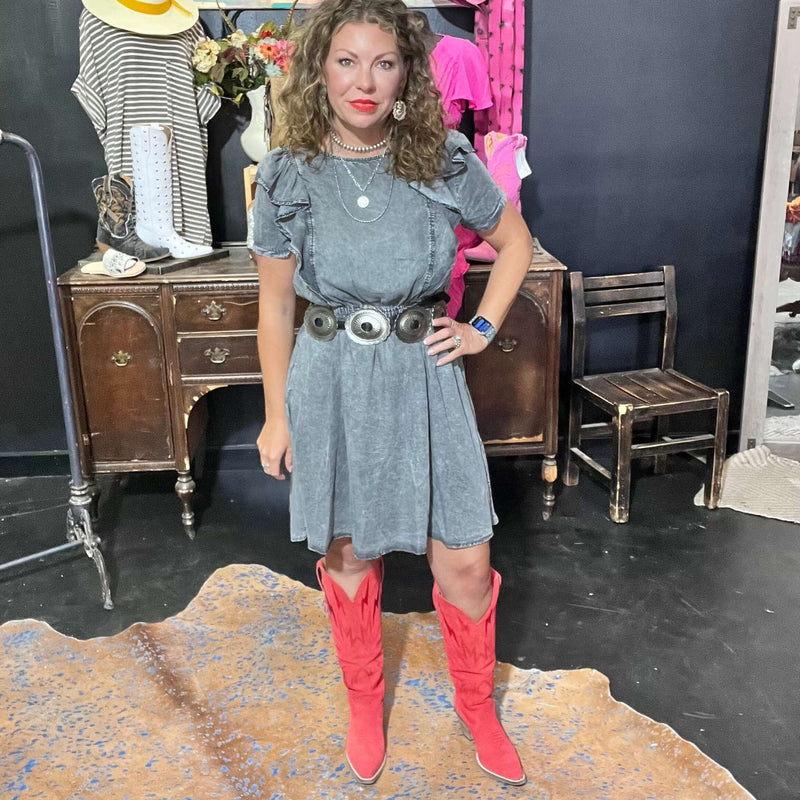 Black Acid Wash Short Ruffle Sleeve Denim Dress / Large