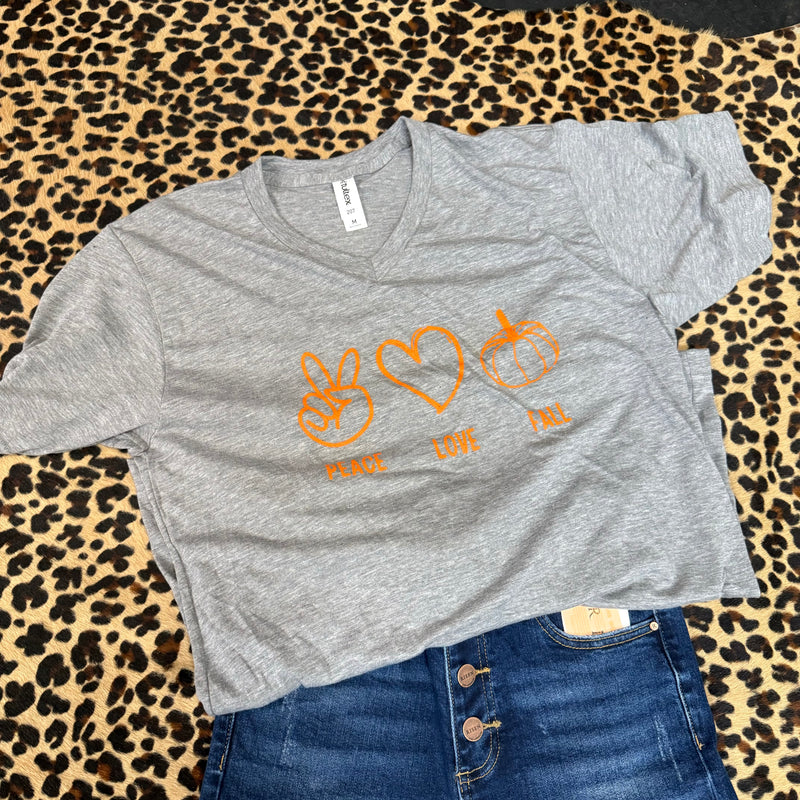 Peace Love & Fall Heather Grey & Orange V- Neck T-shirt