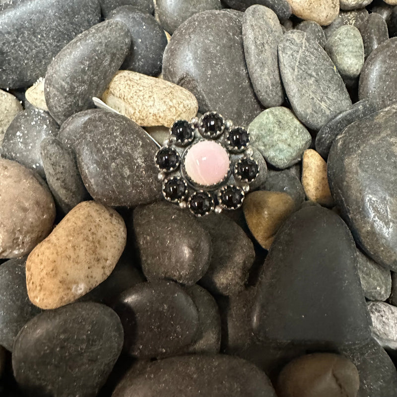 Tiny Black Onyx & Pink Conch Cluster Genuine Ring