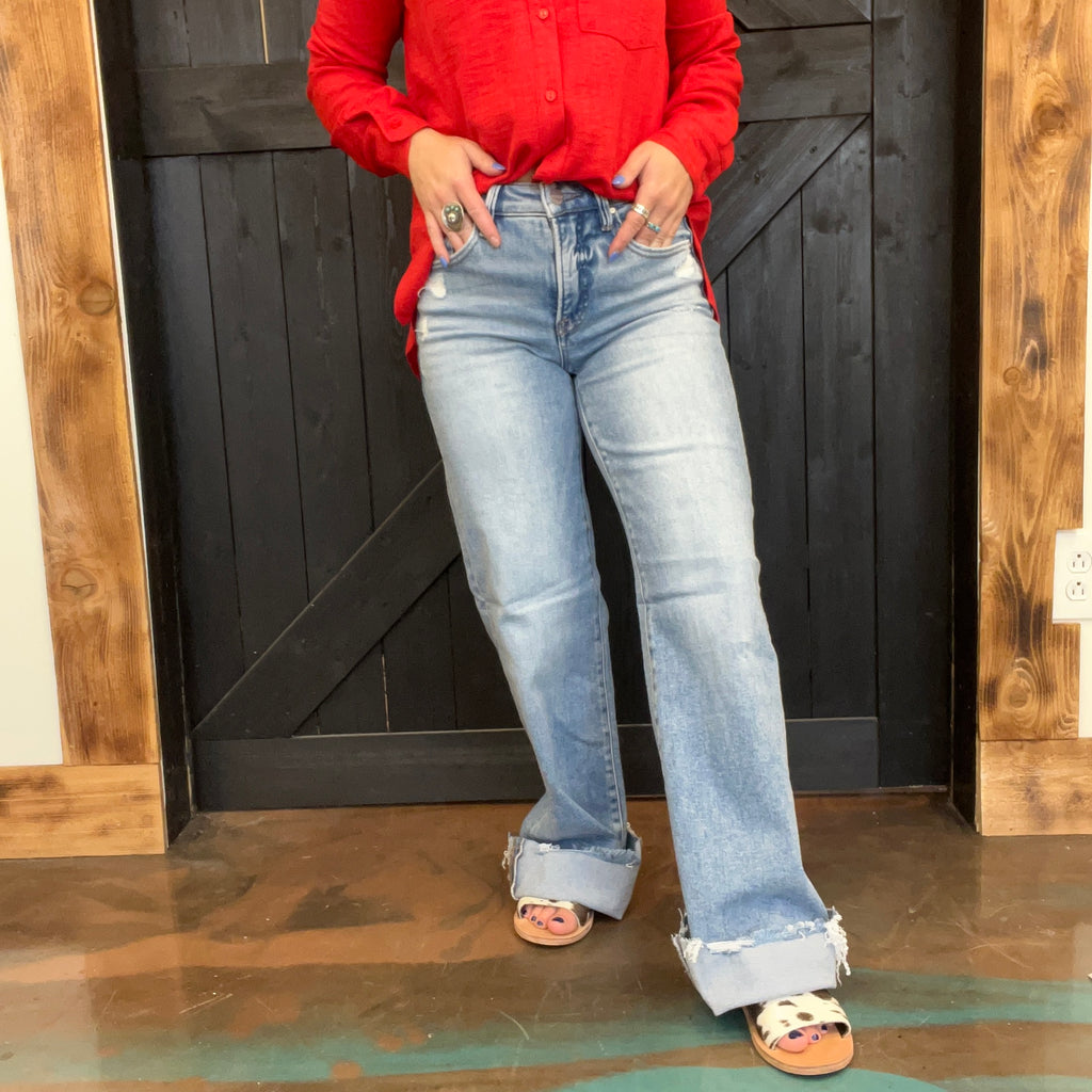 Tummy Control Mid Rise Wide with Distressing Risen Jeans