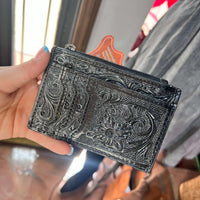 Natural Tooled Leather Card Holder with Zipper