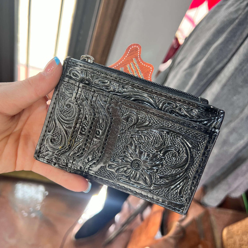 Natural Tooled Leather Card Holder with Zipper