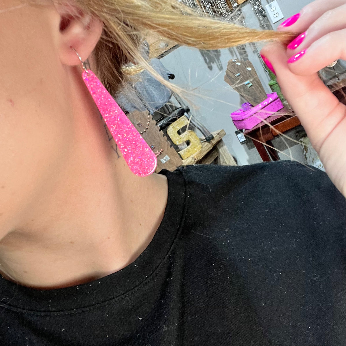 Pink Slab Dangle French Hook Genuine Earring