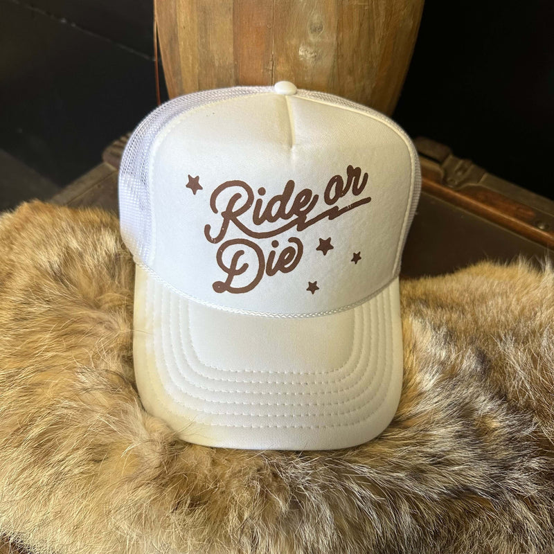 Tan Ride or Die on a White Trucker Hat