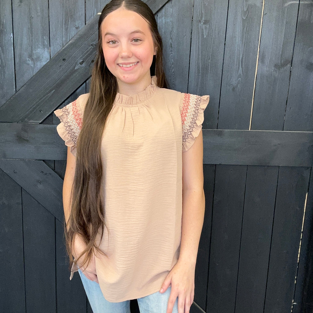 Taupe Ruffled Top With Back Keyhole Button Blouse