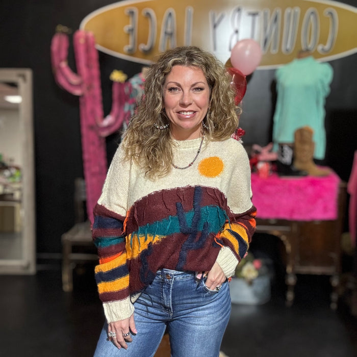 Desert Scenery Fringe Long Sleeve Sweater | 2XL