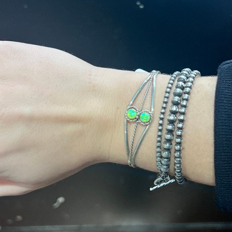 2 Stone Lime Green Opal Cuff Genuine Bracelet
