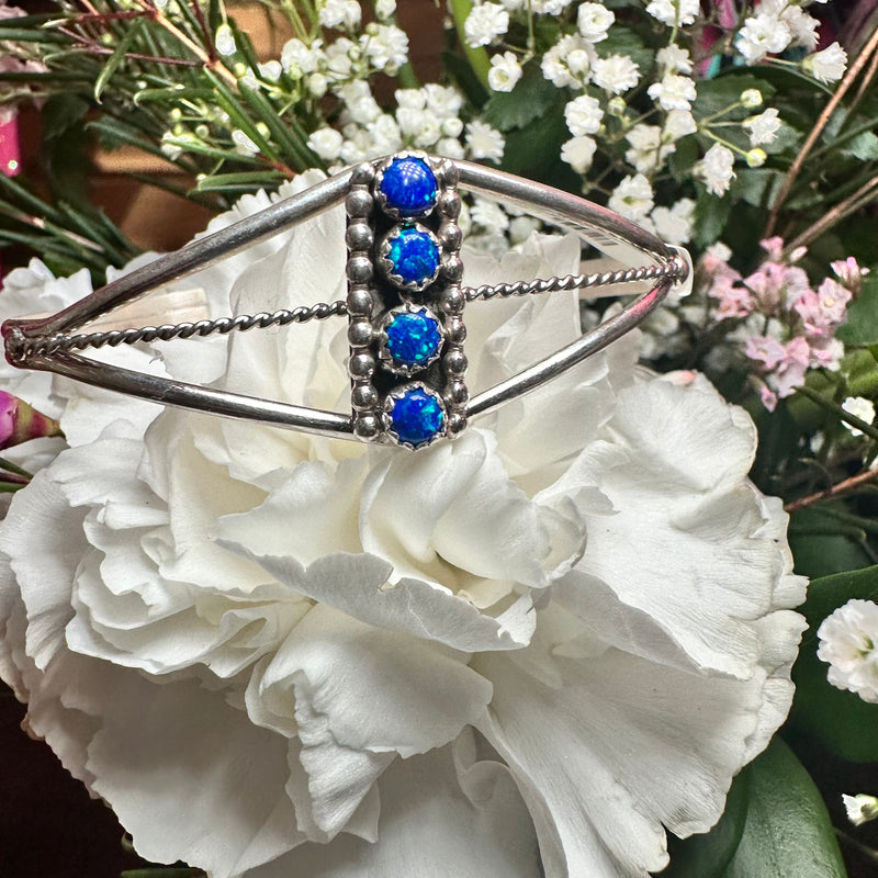 4 Stone Blue Opal Vertical Cuff Genuine Bracelet