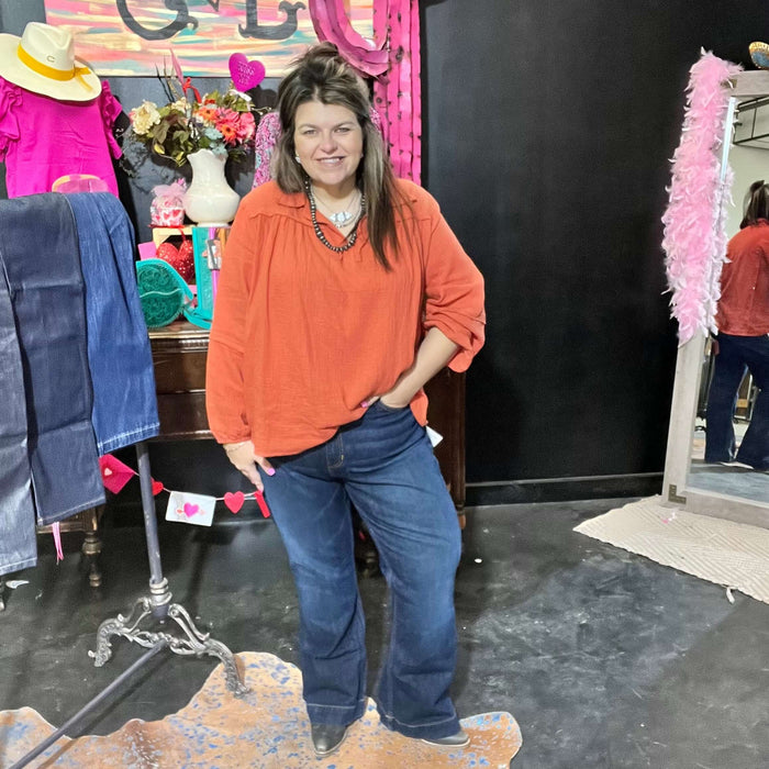Rust Orange Bubble Sleeve Collared Plus Top