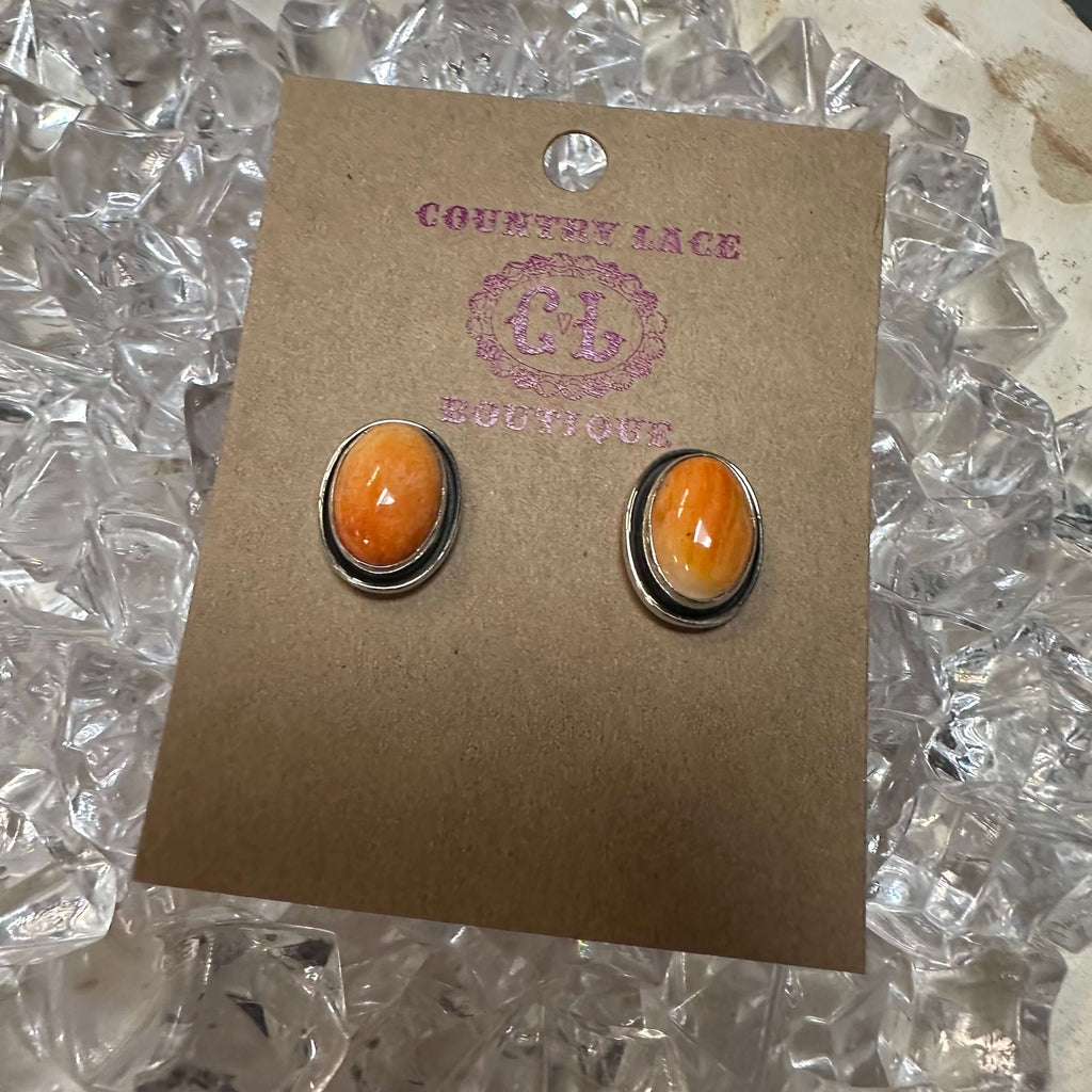 Oval Orange Spiny Post Stud Genuine Earring