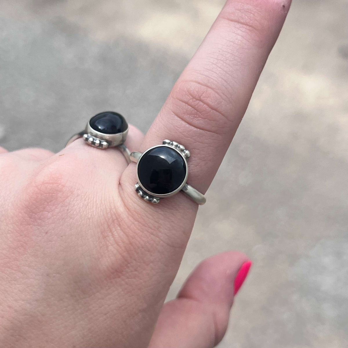 Round Black Onyx with Ball Detail Sterling Silver Ring