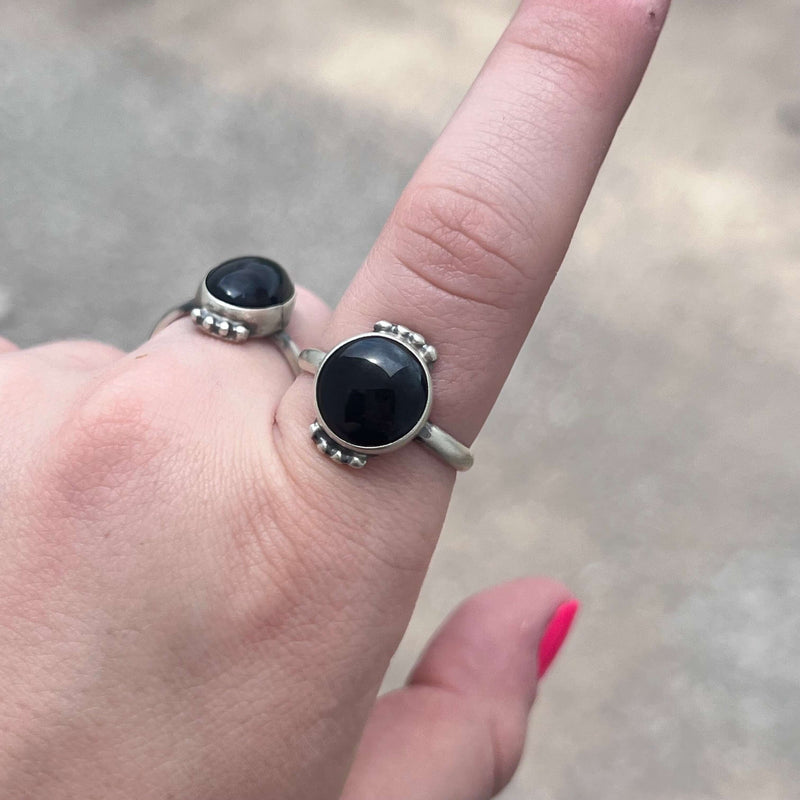 Round Black Onyx with Ball Detail Sterling Silver Ring