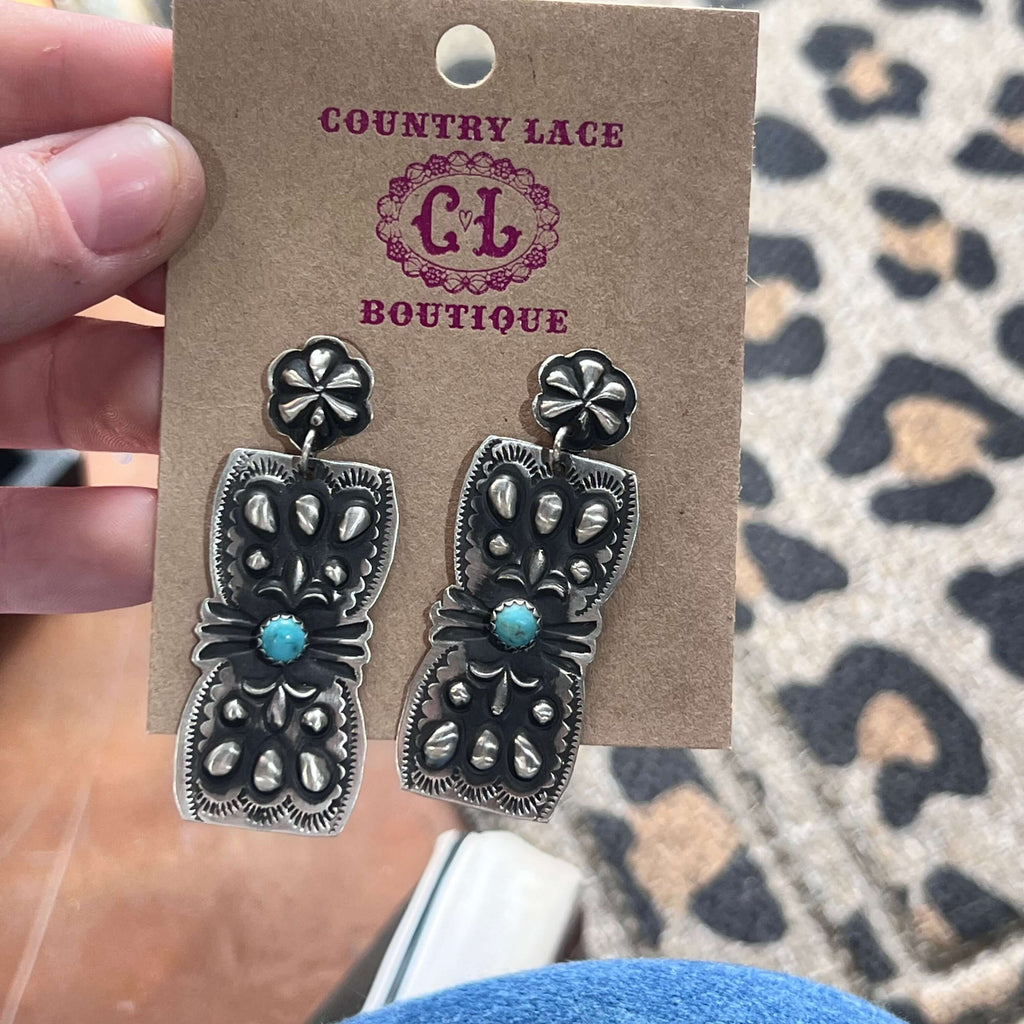 Dangle Stamped Concho with Turquoise Genuine Earring.