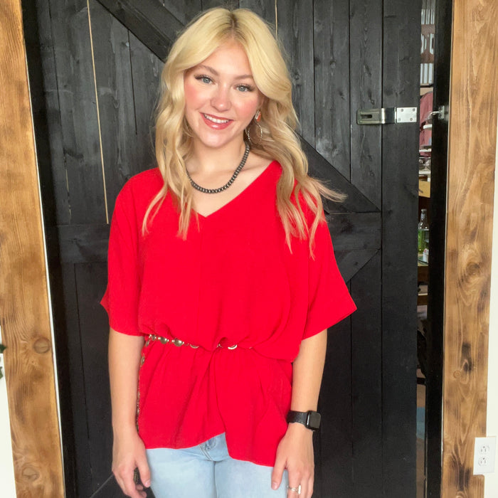 Red Flowy Oversized Short Sleeve Top