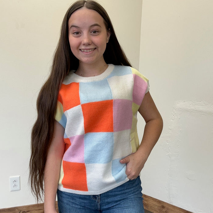 pink orange turquoise checkered sweater vest