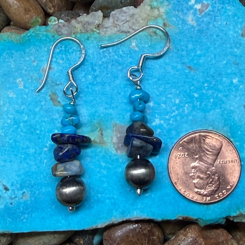 8mm Navajo Pearl with Lapis and Turquoise Chips Drop Down French Hook Sterling Silver Earring - Country Lace Boutique