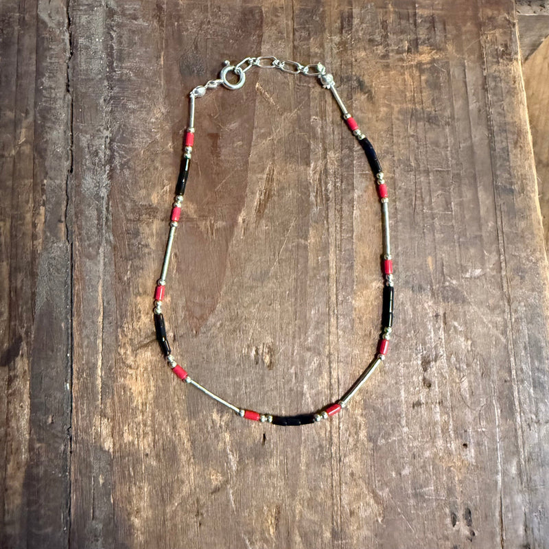 9 inch Sterling Silver with Black & Red Bead Detail Bracelet / Anklet - Country Lace Boutique