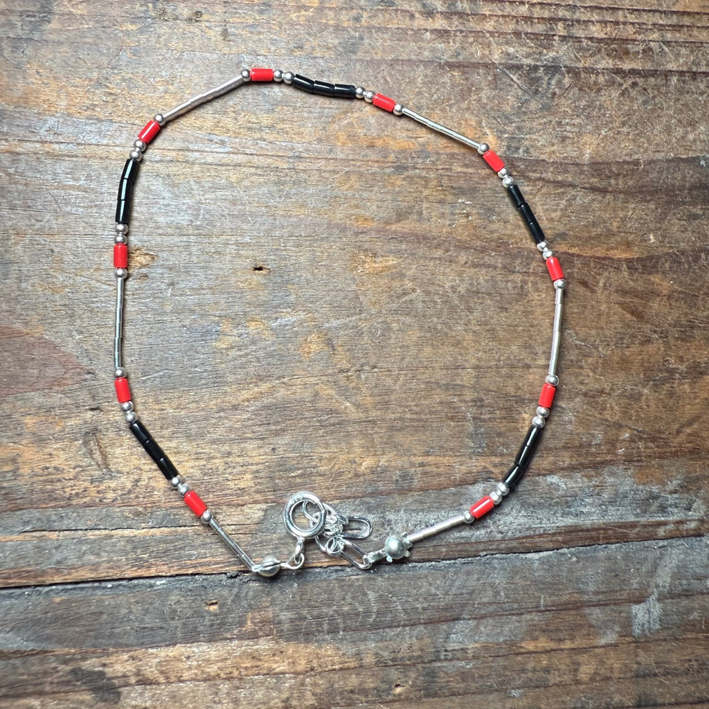 9 inch Sterling Silver with Black & Red Bead Detail Bracelet / Anklet - Country Lace Boutique
