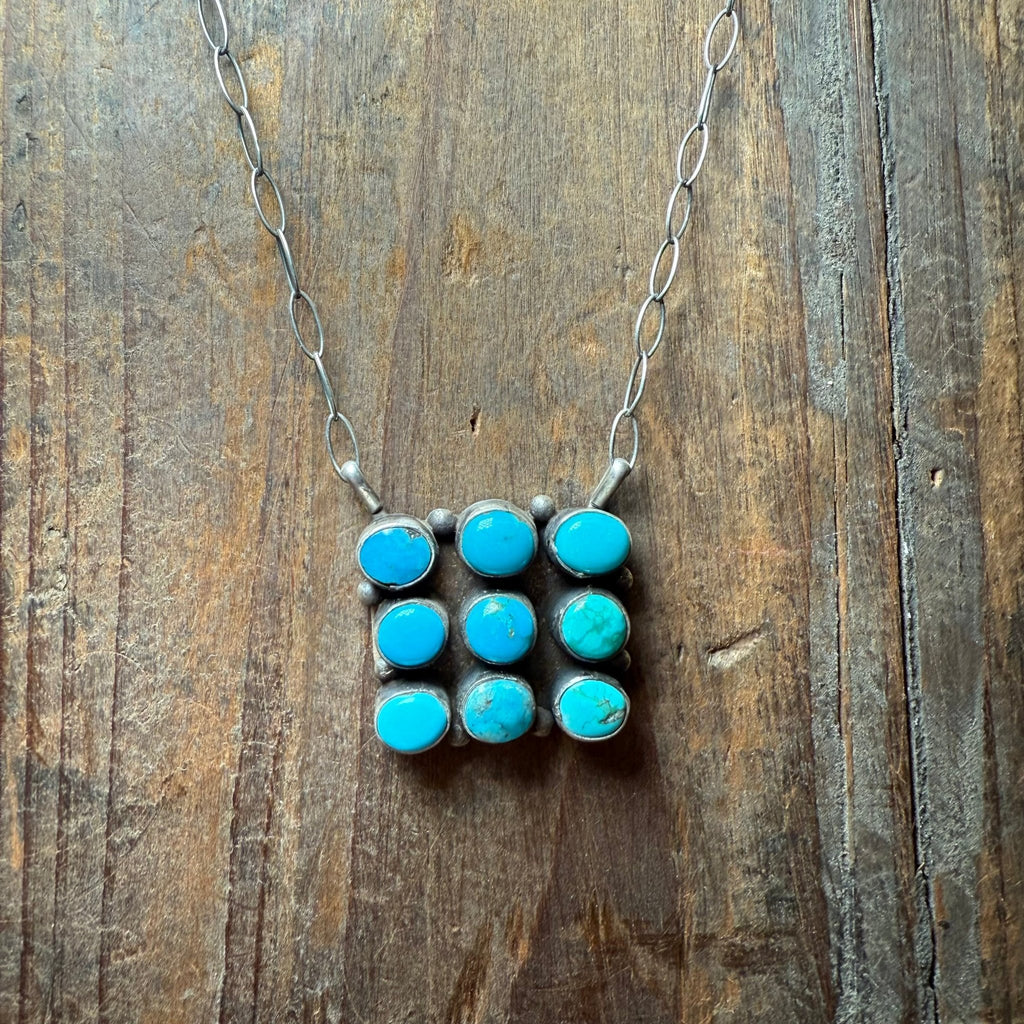 9 Stone Square Authentic Kingman Turquoise Sterling Silver Necklace - Country Lace Boutique