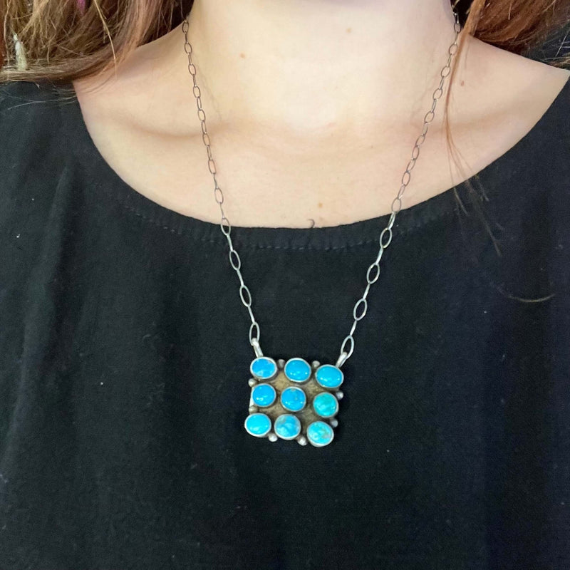 9 Stone Square Authentic Kingman Turquoise Sterling Silver Necklace - Country Lace Boutique