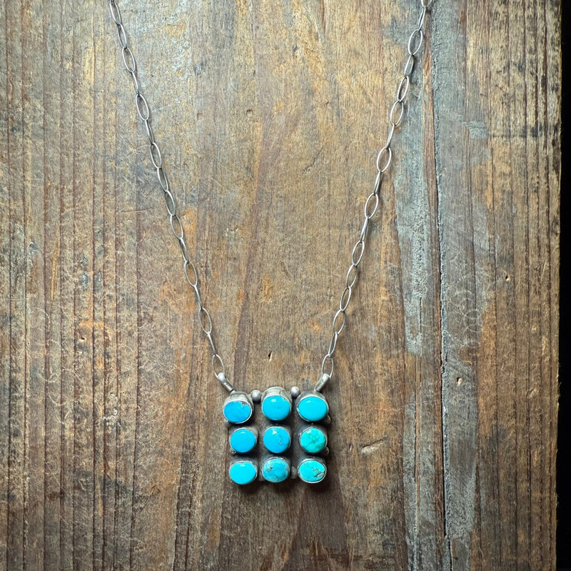 9 Stone Square Authentic Kingman Turquoise Sterling Silver Necklace - Country Lace Boutique