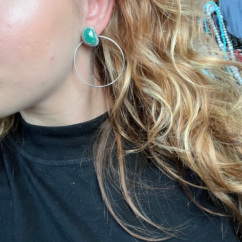 Green Turquoise Hoop Post Genuine Earring