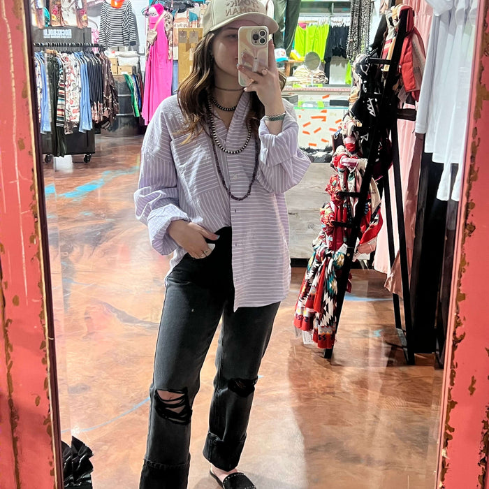 Purple Striped Button Down Top