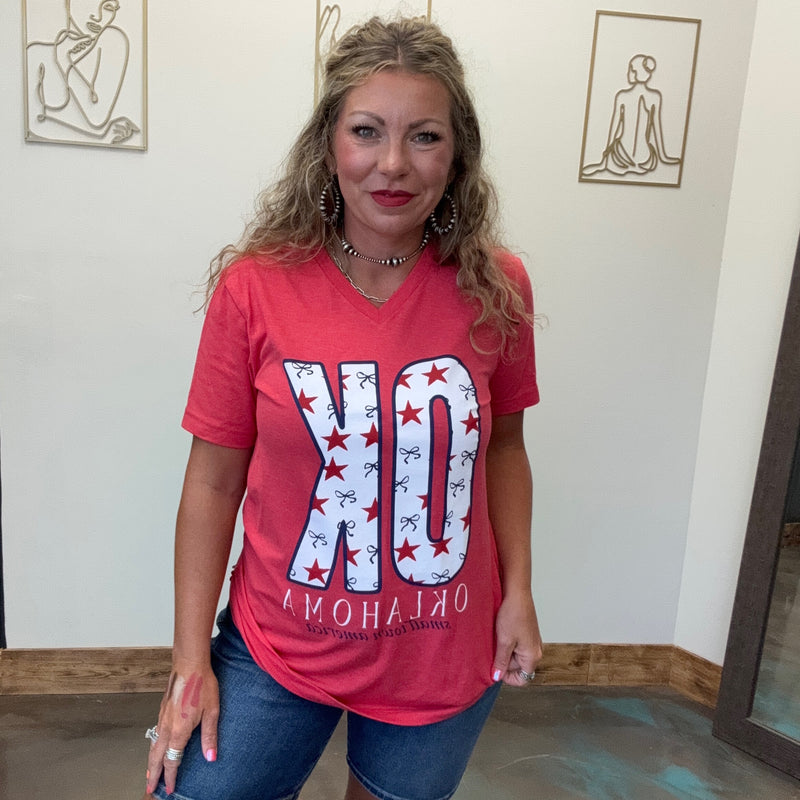 OK Small Town America Stars & Bows V-Neck Short Sleeve T Shirt