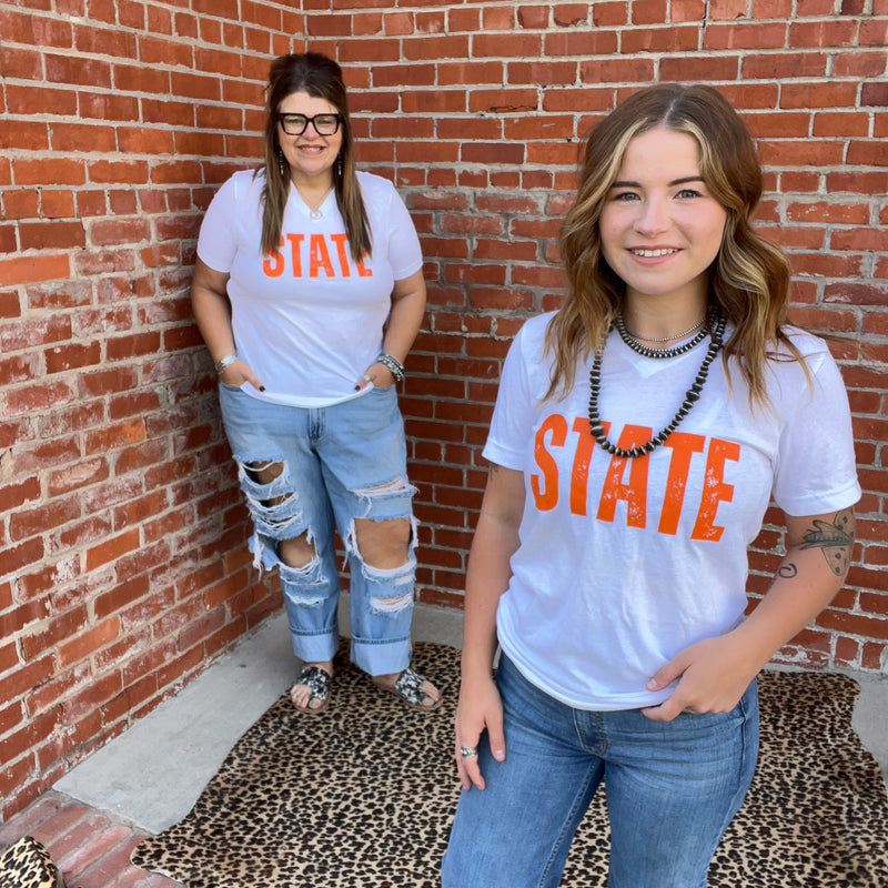 Orange V Neck and White STATE T-shirt