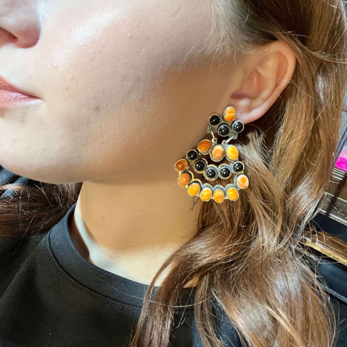 Black Onyx and Orange Spiny Chandelier Sterling Silver Earrings