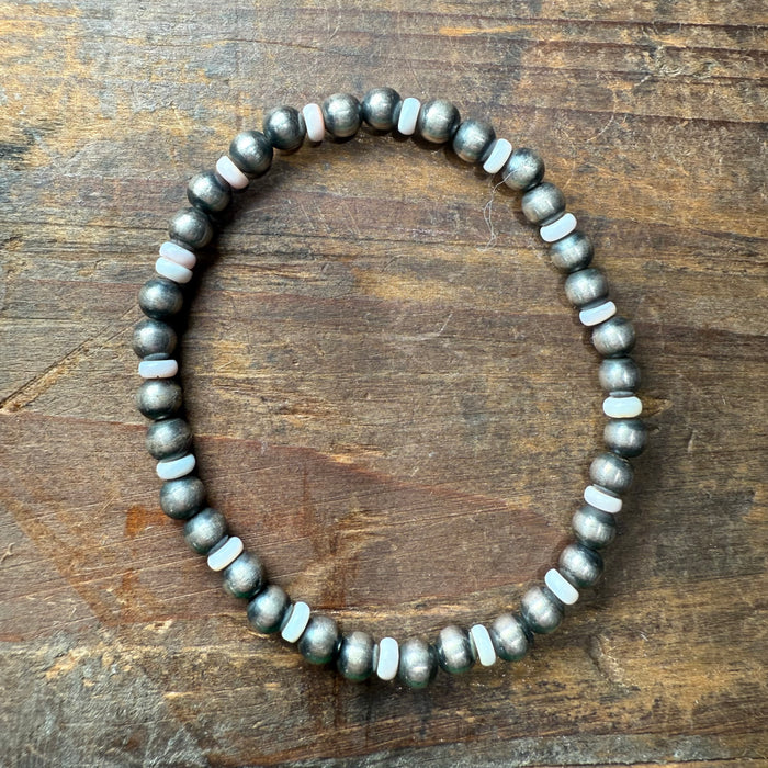Stretchy 5mm Navajo Pearl & Pink Conch Sterling Silver Bracelet