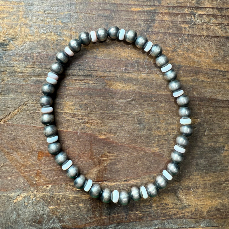 Stretchy 5mm Navajo Pearl & Pink Conch Sterling Silver Bracelet