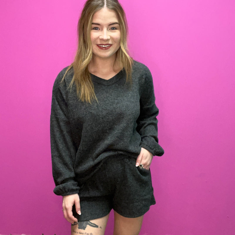 Charcoal Black Comfy Set Long Sleeve Top w/ Pockets Shorts