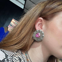 Pink Dahlia Fancy Round Post Sterling Silver Earring