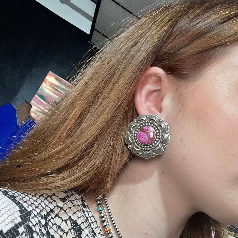 Pink Dahlia Fancy Round Post Sterling Silver Earring