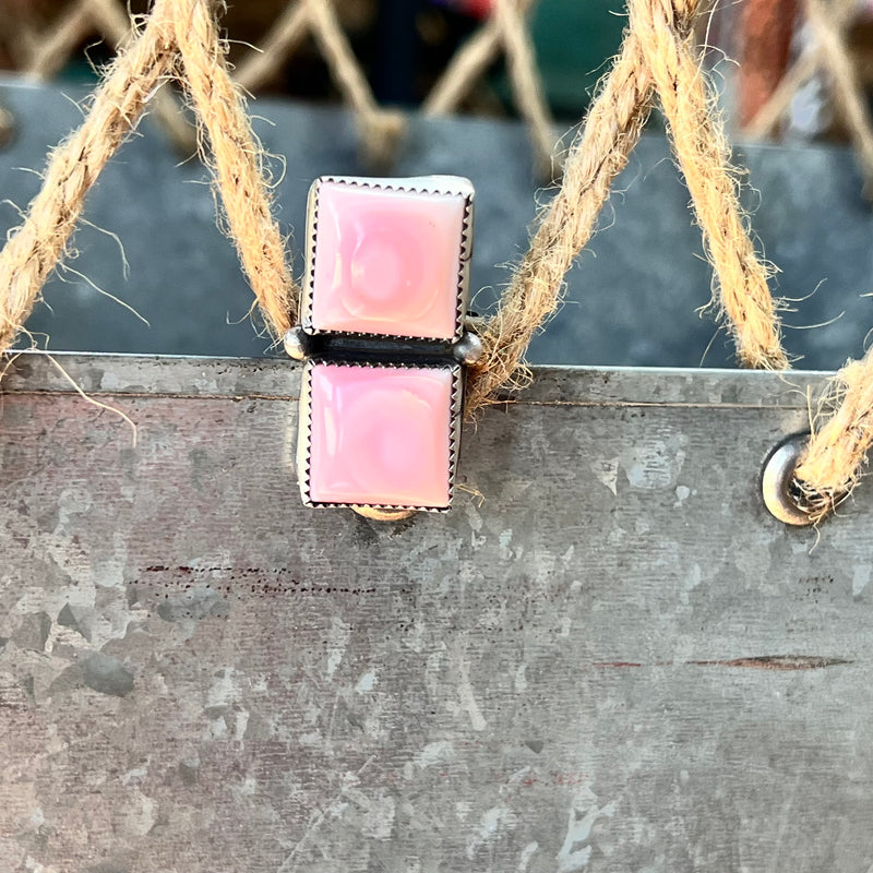 Two Stone Square Pink Opal Adjustable Genuine Ring