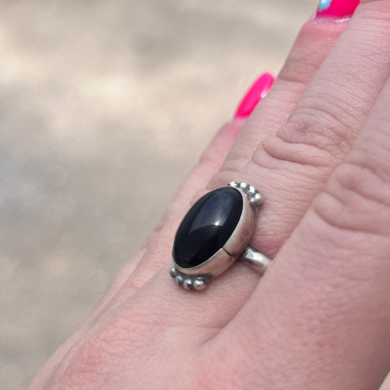 Oval Black Onyx with Ball Detail Genuine Ring