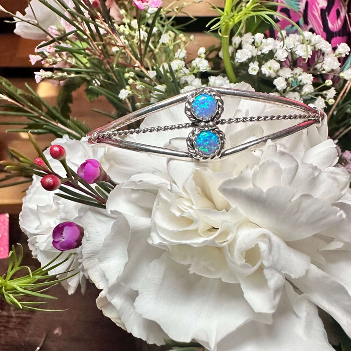 2 Stone Light Blue Opal Cuff Sterling Silver Bracelet