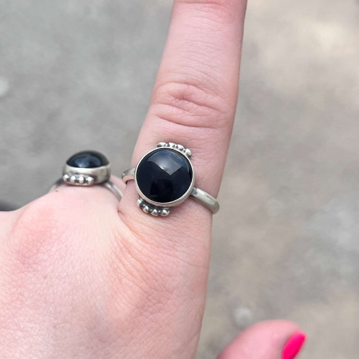 Round Black Onyx with Ball Detail Sterling Silver Ring