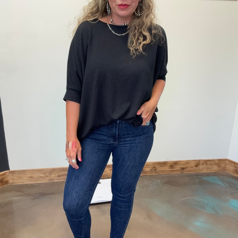Black Ribbed Dolman Shortsleeve Top