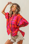 Button Up Dolman Sleeve Plaid Shirt