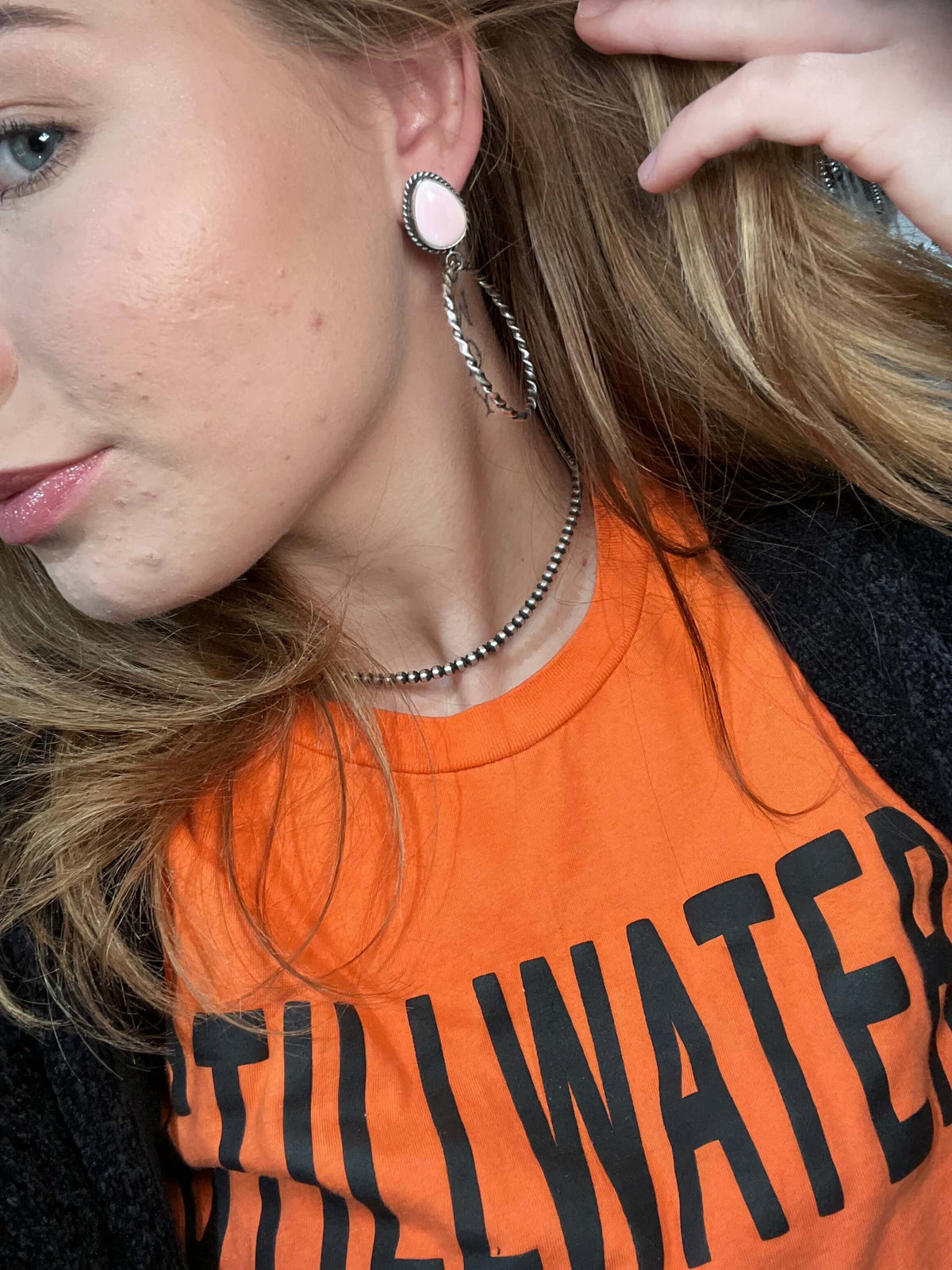 Pink Conch Hoop Post Sterling Silver Earring
