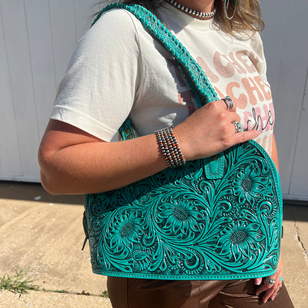 Turquoise Tooled Shoulder Top zip Bag Purse