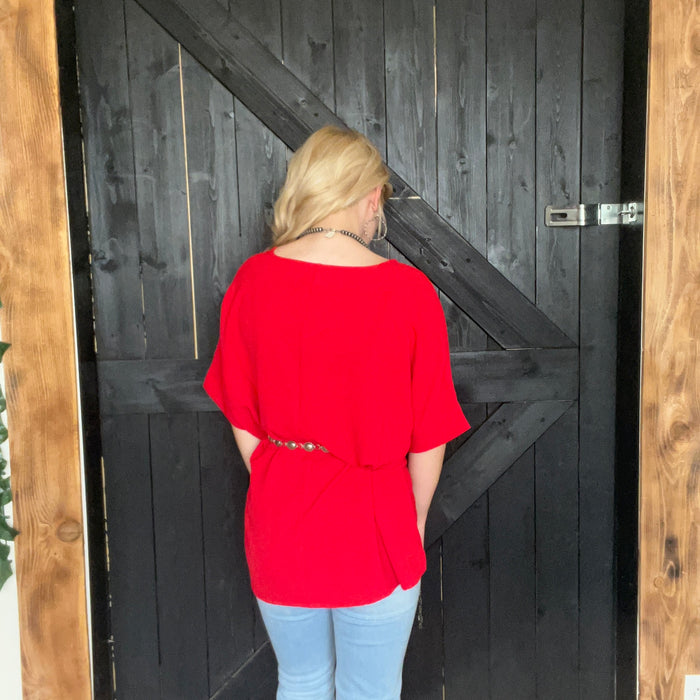Red Flowy Oversized Short Sleeve Top