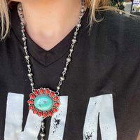 Authentic Red Spiny & Turquoise Cluster Lariat with Contemporary Navajo Pearls Sterling Silver Necklace