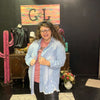 Distresssed Denim Long Button Down Cardigan with Pockets